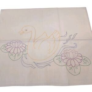 Vtg Swan in Pond 31.5"x19.5" HM Cross-Stitch Embroidered Pillow‎ Cases (2) READ